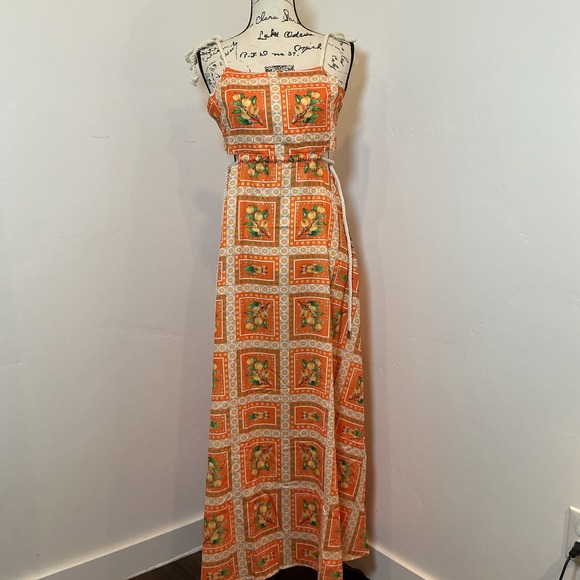 Unbranded Dresses & Skirts - Unbranded Maxi Dress Orange Lemon Print Rope Straps Cut Out Back Small